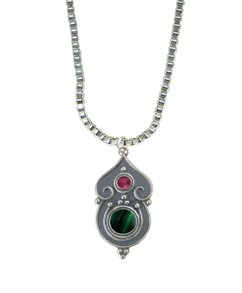 Sterling Silver Necklace Malachite And Pink Tourmaline